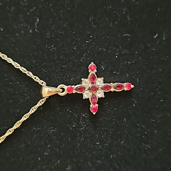 Red & Clear Rhinestones Goldtone Cross on 16" Rope Chain Necklace - Picture 2 of 7